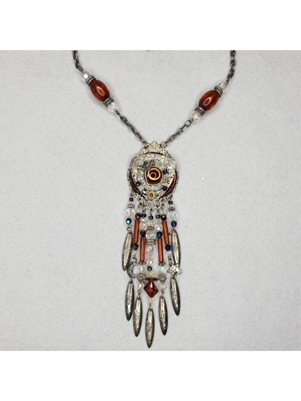 Victorian Revival Necklace Silver Tone Brown Dangle Beaded Fringe Tassel 28"
